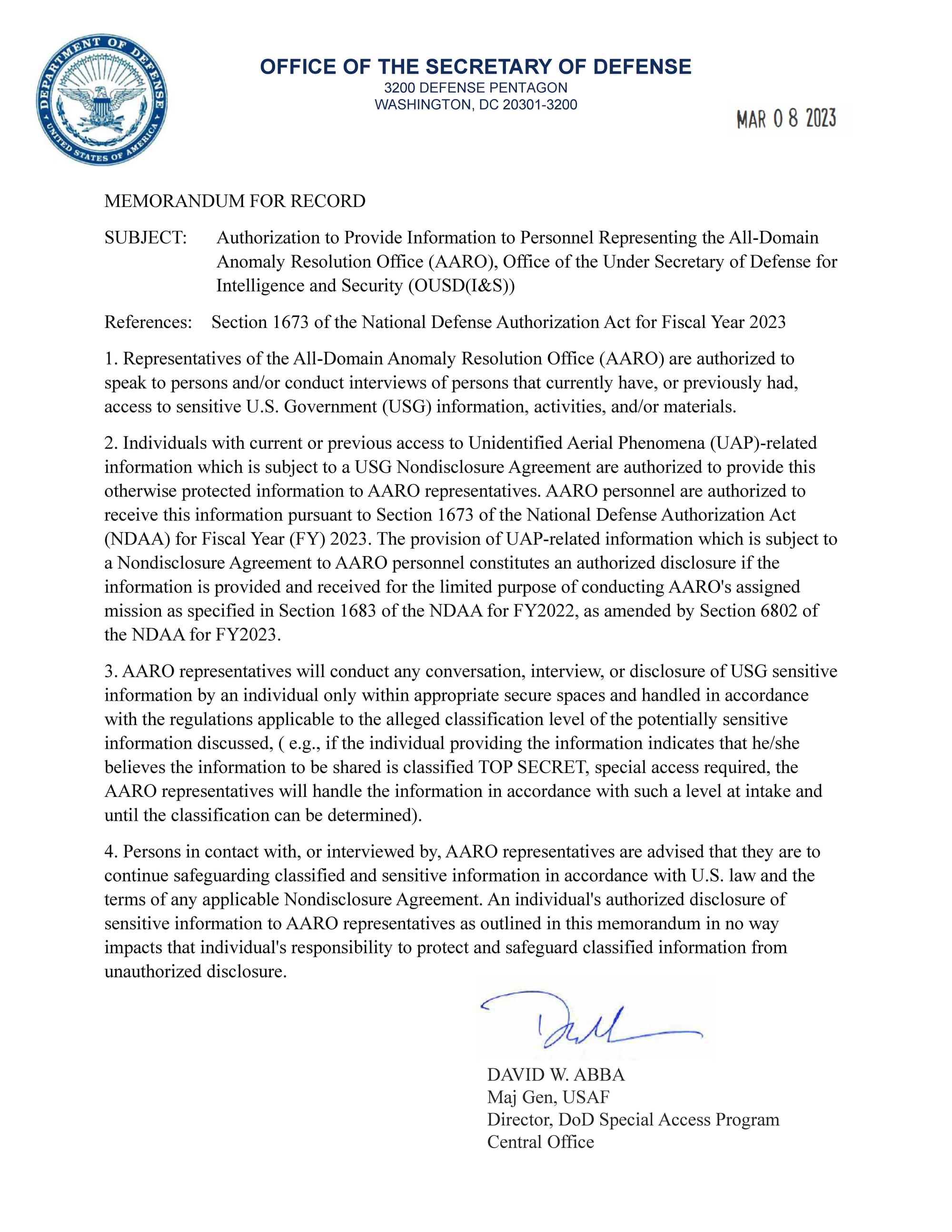 FOIA Release: Joint Chiefs issue worldwide UAP reporting requirements (May 19, 2023)