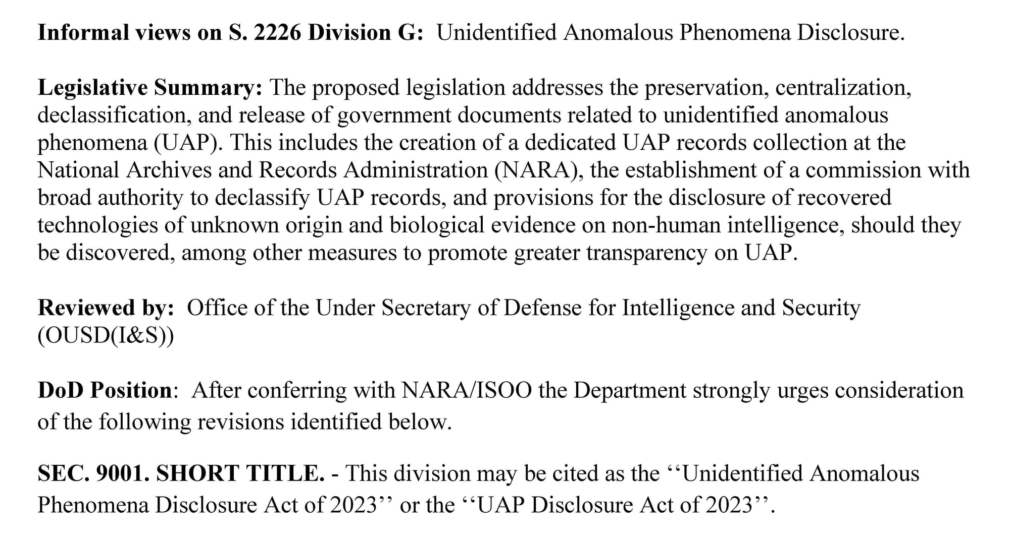 The UAP Disclosure Act: The proposed Pentagon/AARO re-write of November 2023