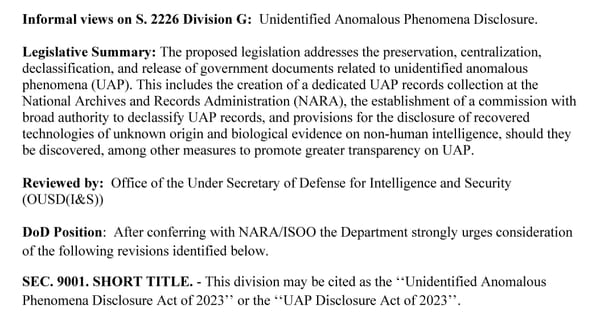 The UAP Disclosure Act: The proposed Pentagon/AARO re-write of November 2023